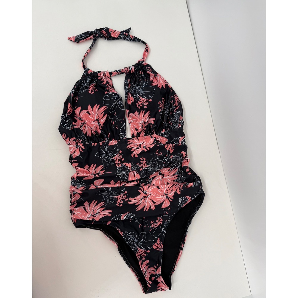 Floral Halter One Piece Swimsuit Black Pink Ruched Keyhole Sz L
